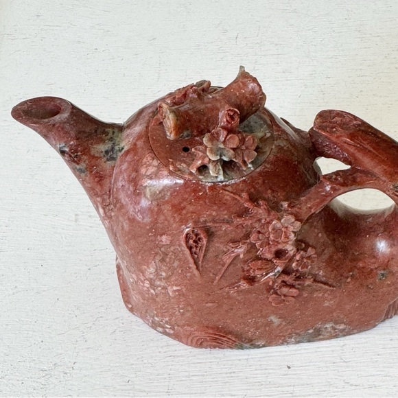 Vintage Chinese Natural Red Shoushan Stone Carved Cherry Tree Blossom Teapot - Picture 3 of 16